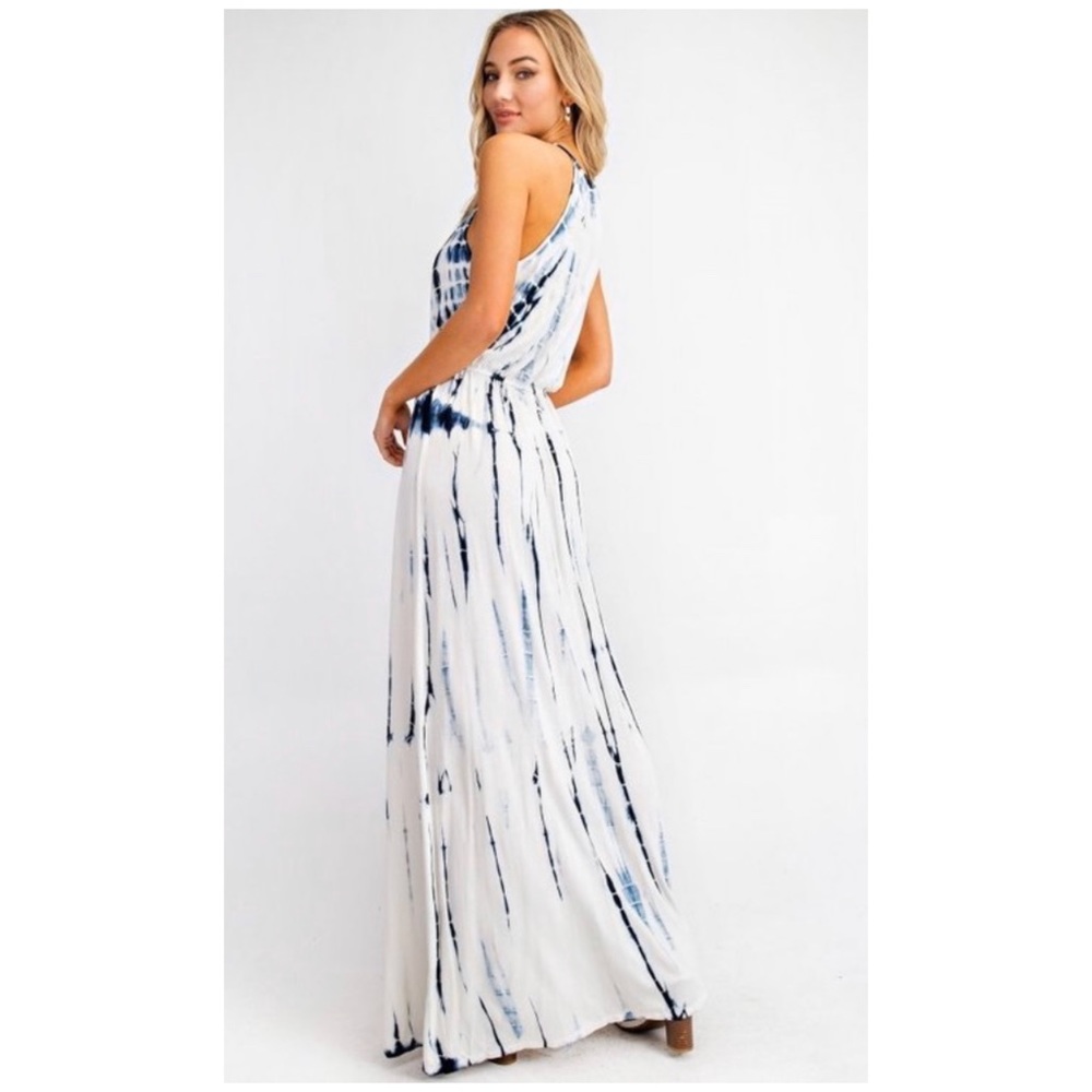 SOLD OUT Boho White & Blue Tie Dye Summer Vacation Long Full Length Maxi Dress - Picture 6 of 8